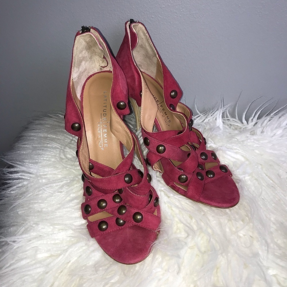 Latitude Femme Leather & Suede Studded High Heel Sandals – Burgundy – Size 7.